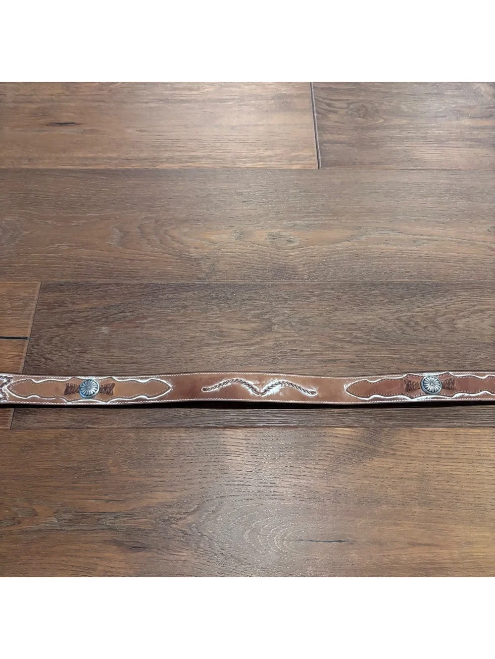 Western Brown Leather Belt with Lace Detail and Silver Conchos, Size 41